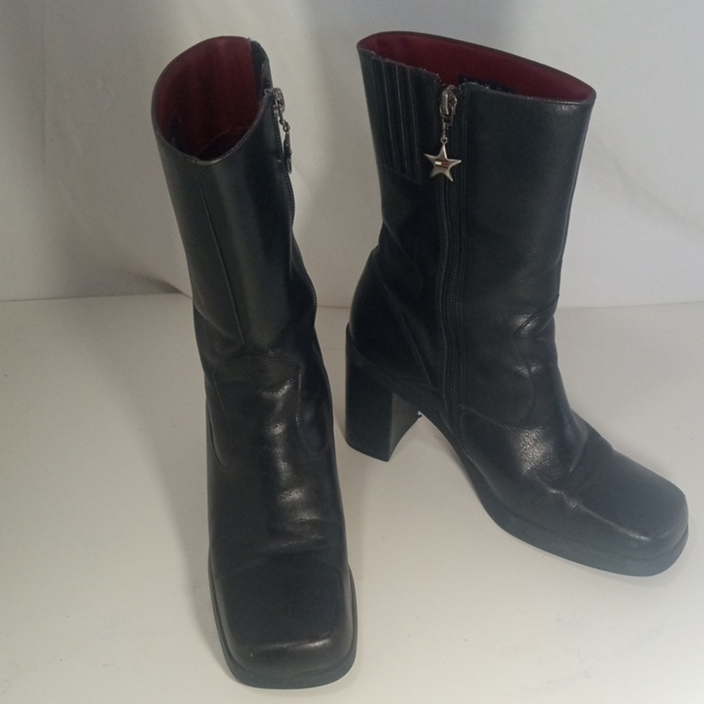 Tommy Hilfiger Black Heeled Zip-Up Boots with Red Lining - Picture 1 of 15